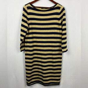 Lauren‎ Ralph Lauren Midi Dress Women’s L Navy Blue Gold Metallic Striped Knit